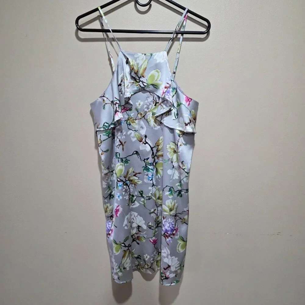 Doe‎ & Rae Floral Ruffle Mini Dress Medium Lavender Spaghetti Strap Lined NWT